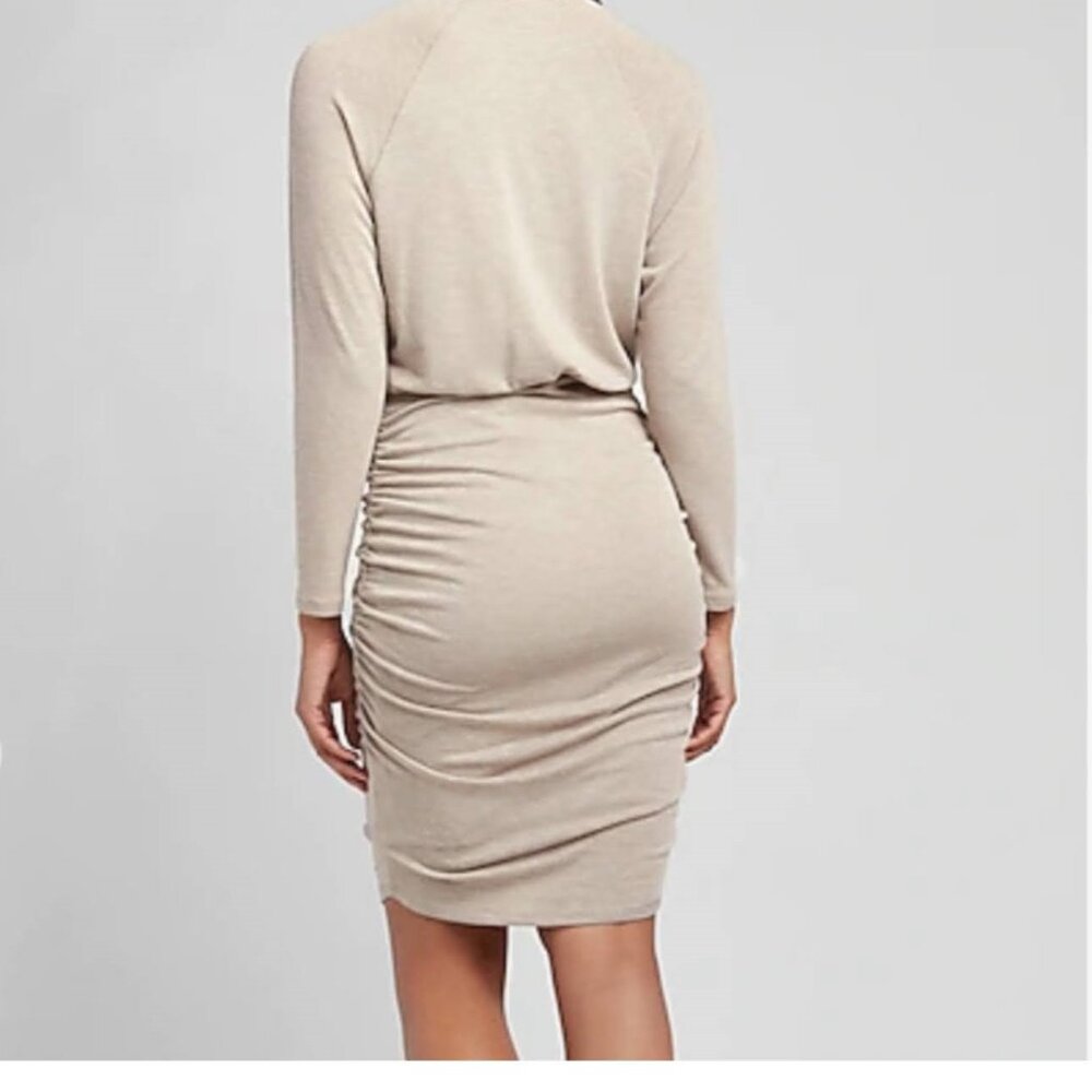 Express NWT Long Sleeve Light Brown Ruched Bodycon Fitted Dress Mock Neck Large